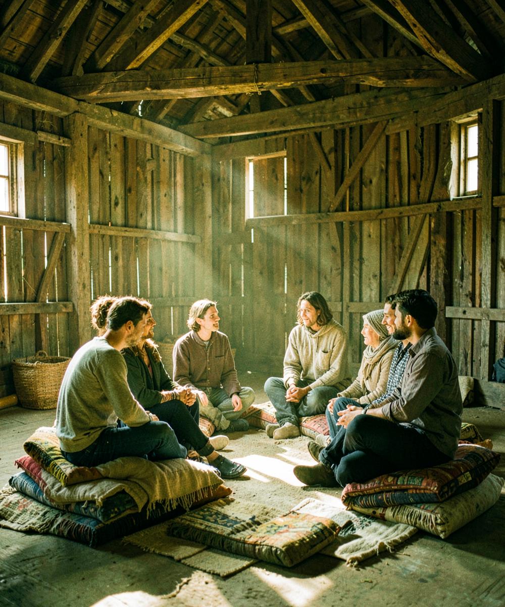 People sitting in a circle together in a sunlit barn