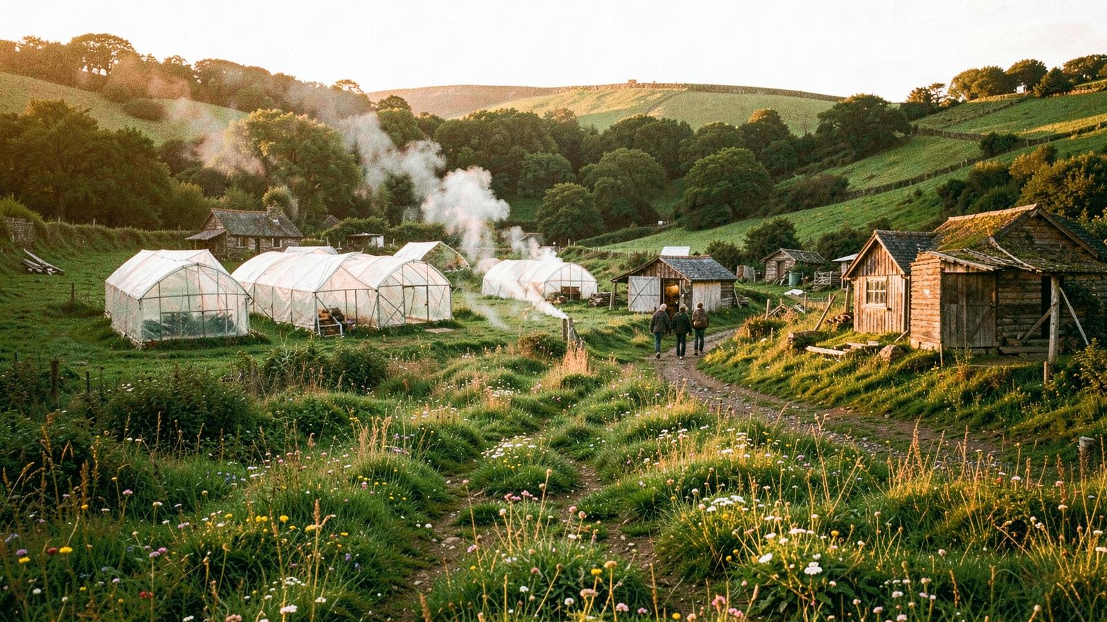 Domnu Valley at golden hour, with cabins, polytunnels and a wildflower meadow in a green valley