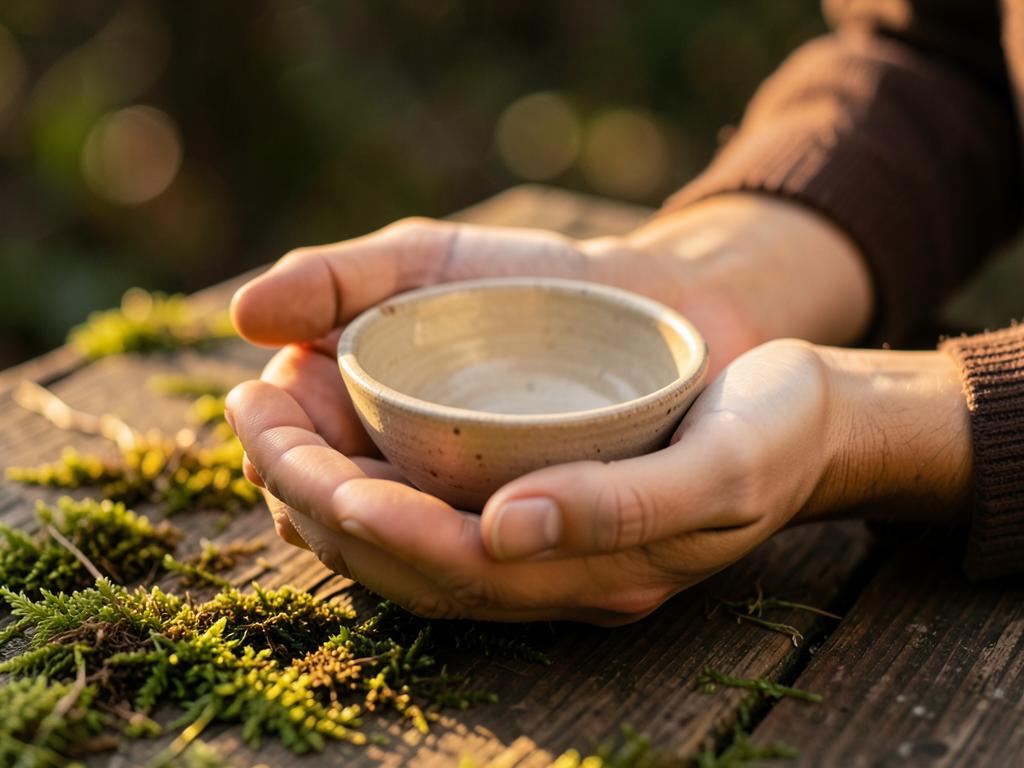 Two hands cupped around a hand-thrown ceramic bowl in golden light