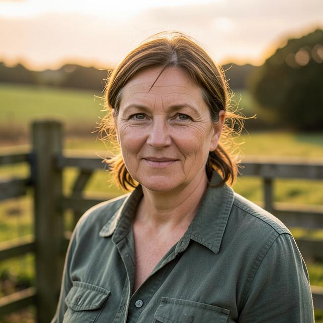 Portrait of Charlotte Hollins standing by a farm gate at golden hour