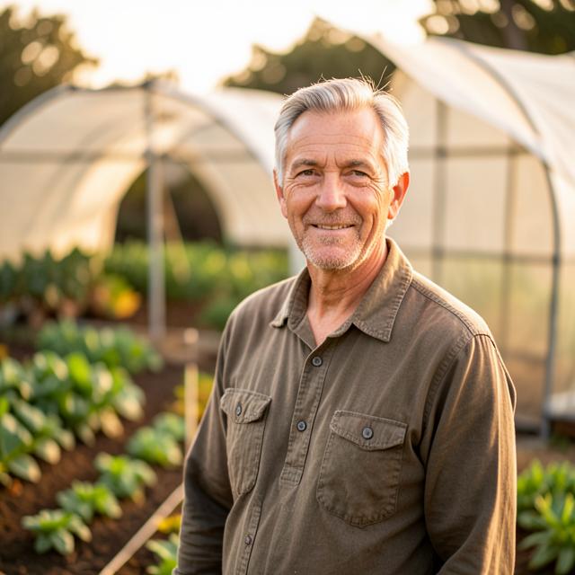 Portrait of a smallholder beside vegetable beds and a polytunnel