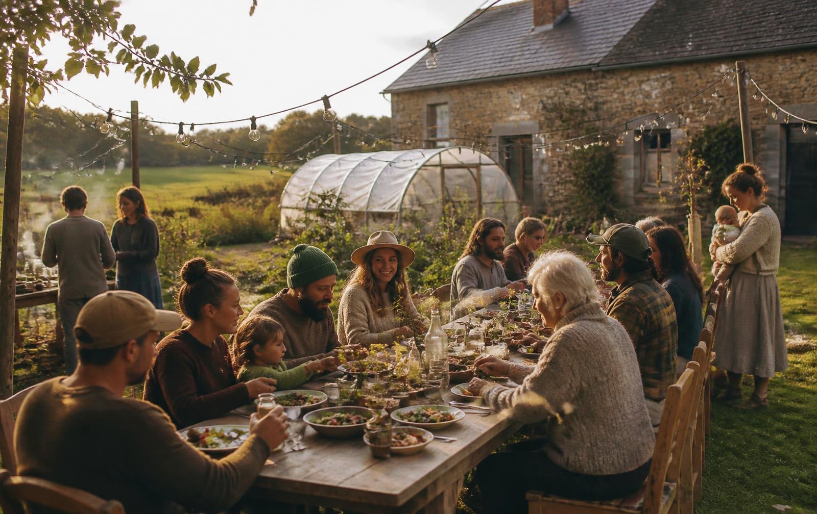 A community sharing a long table outdoors in front of a stone farmhouse at golden hour