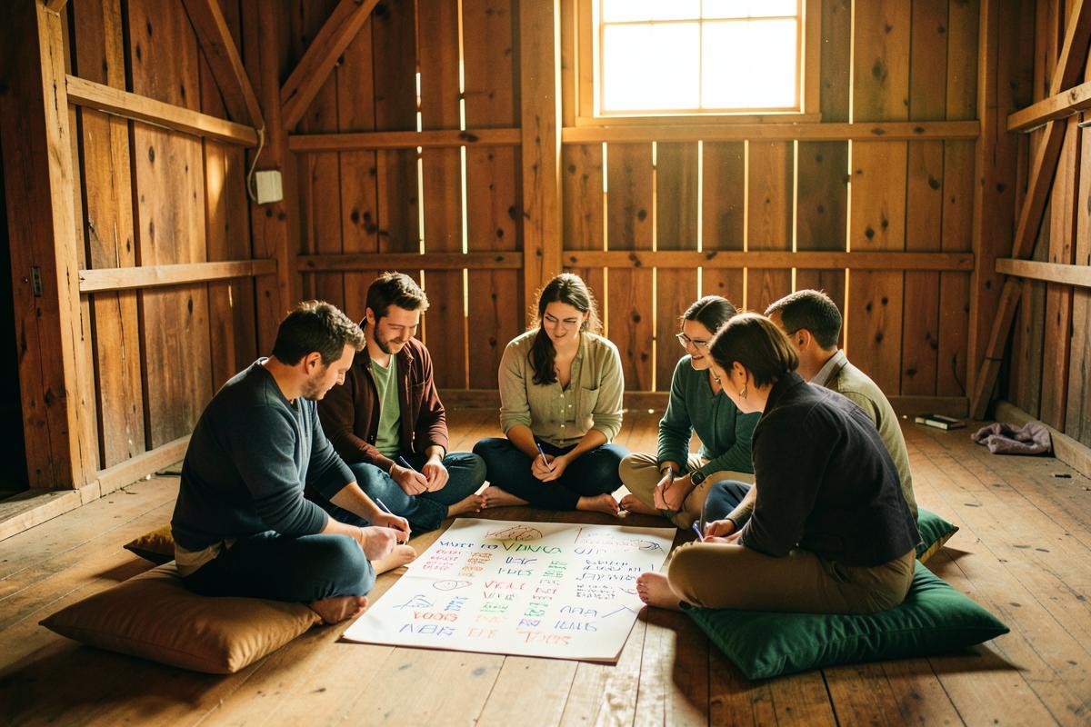 A group sitting in a circle in a wooden barn writing their vision and values